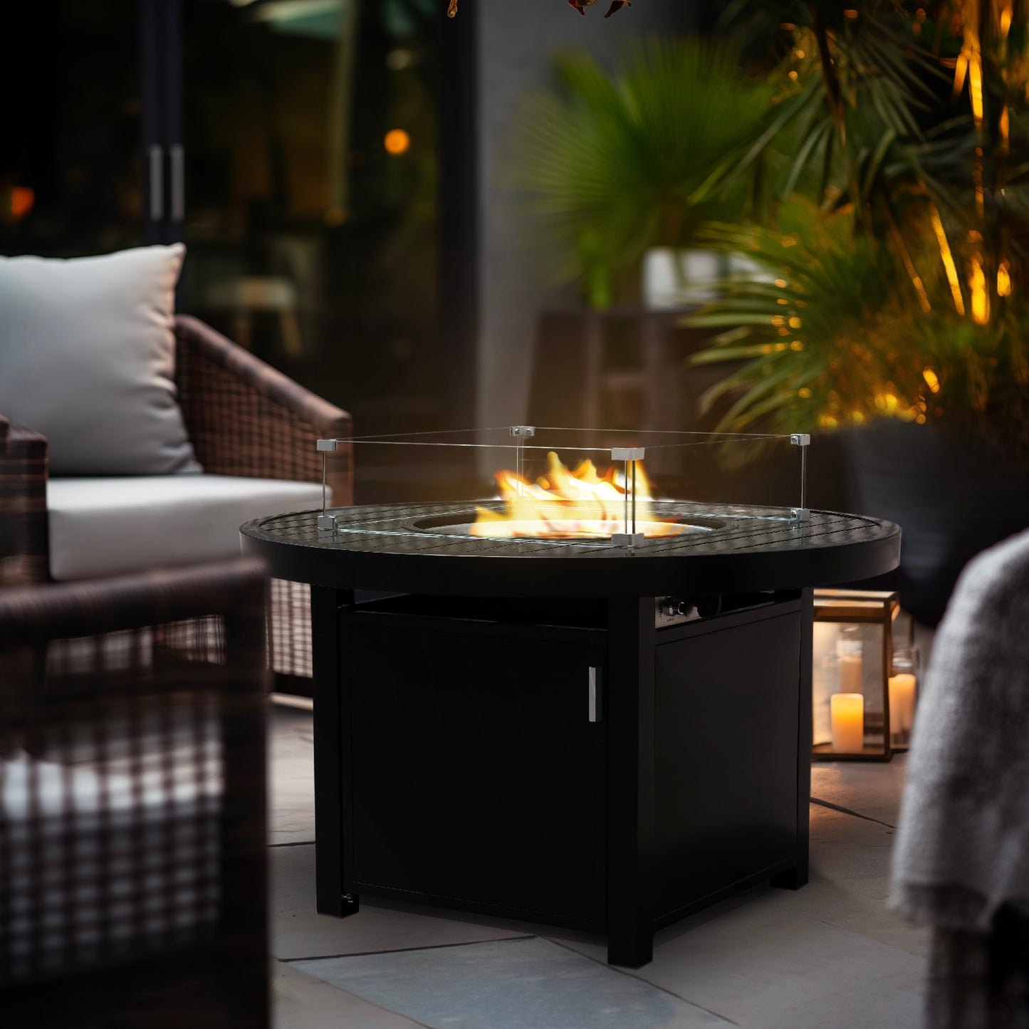 Outdoor Black Aluminum Round Fire Pit Table with Wind Guard and Cover