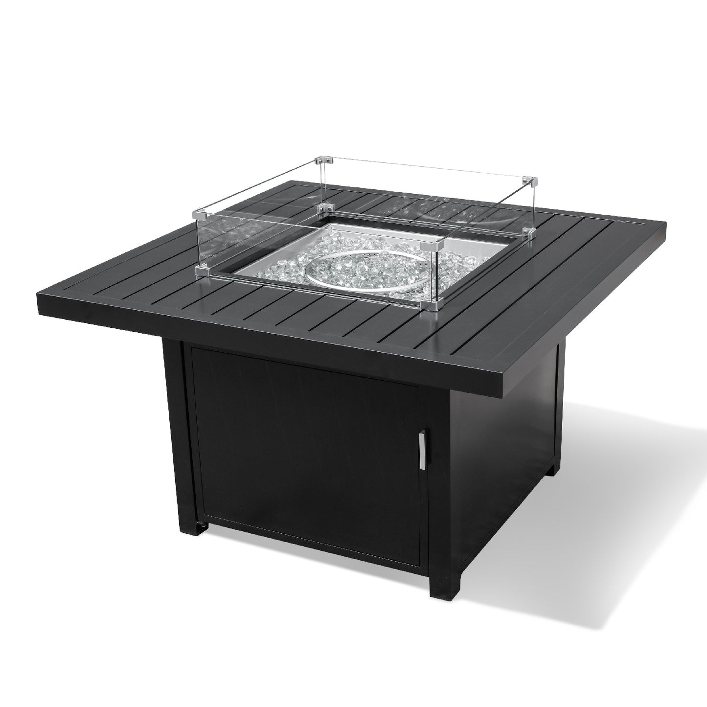 Outdoor Black Aluminum Square Fire Pit Table with Wind Guard & Cover