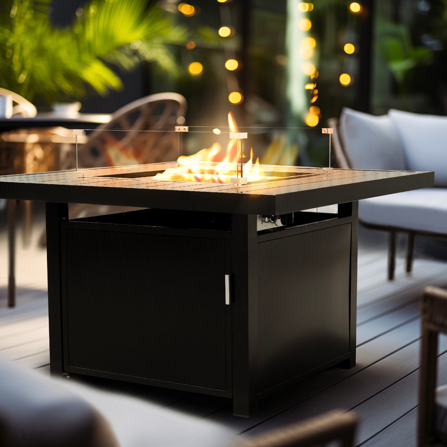 Outdoor Black Aluminum Square Fire Pit Table with Wind Guard & Cover