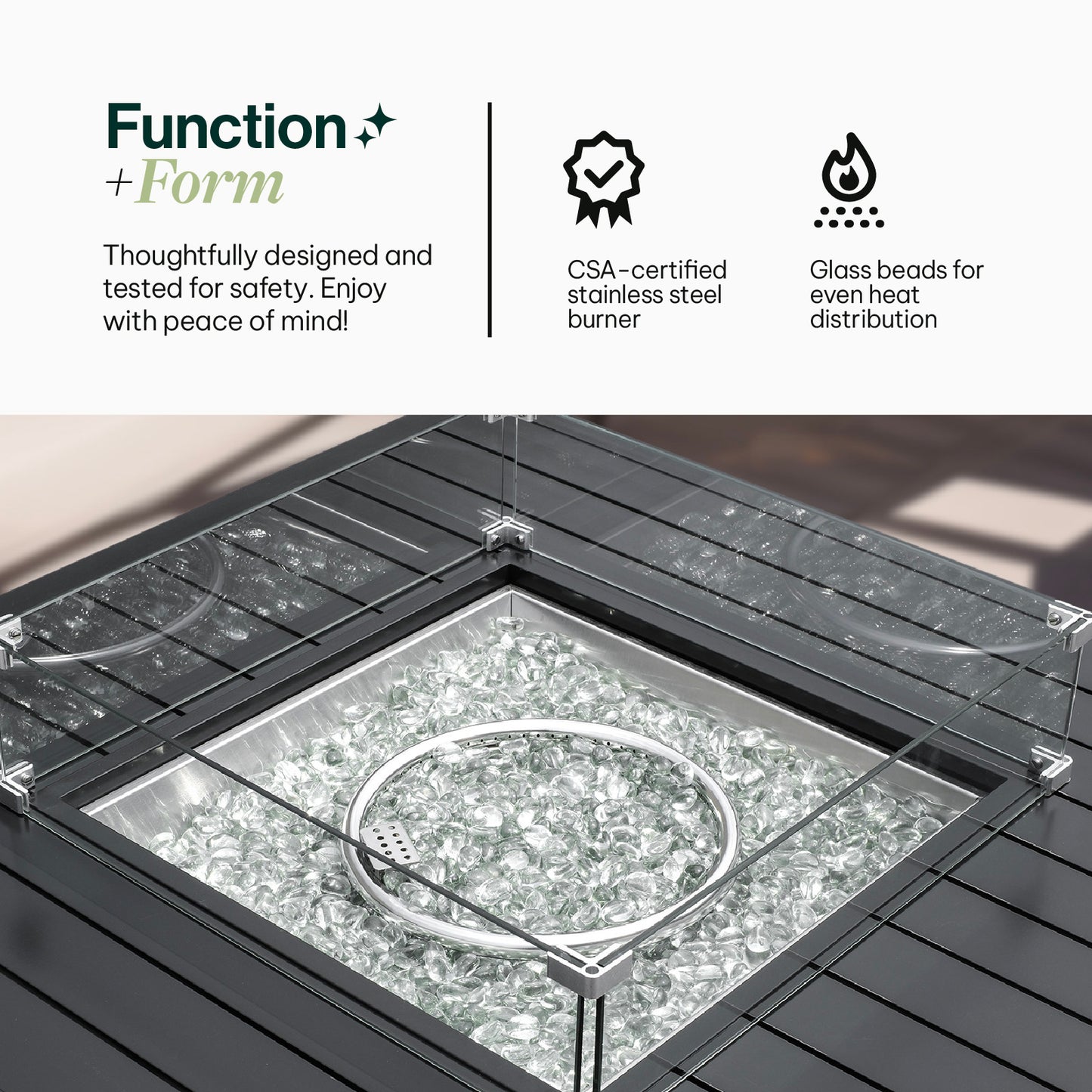 Outdoor Black Aluminum Square Fire Pit Table with Wind Guard & Cover