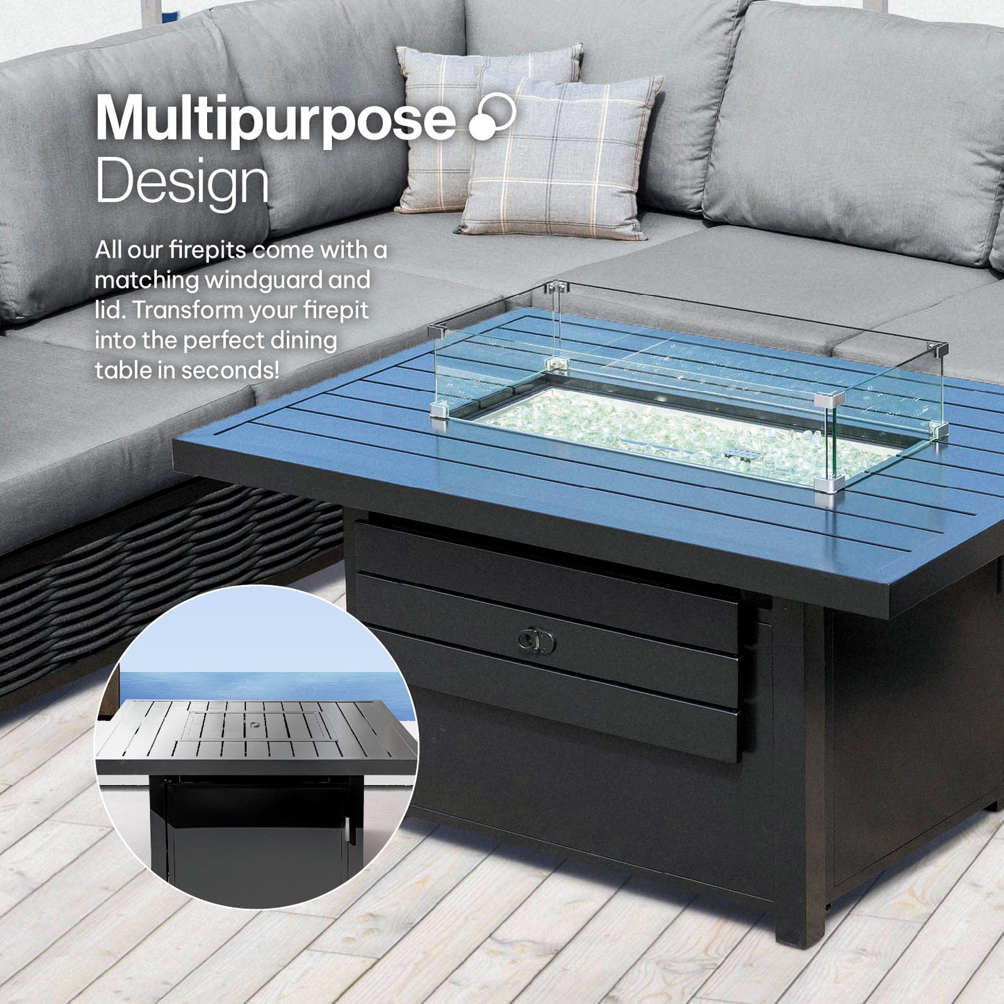 Outdoor Black Aluminum Square Fire Pit Table with Wind Guard & Cover