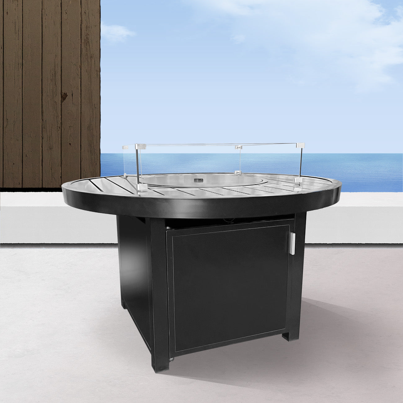 Outdoor Black Aluminum Round Fire Pit Table with Wind Guard and Cover