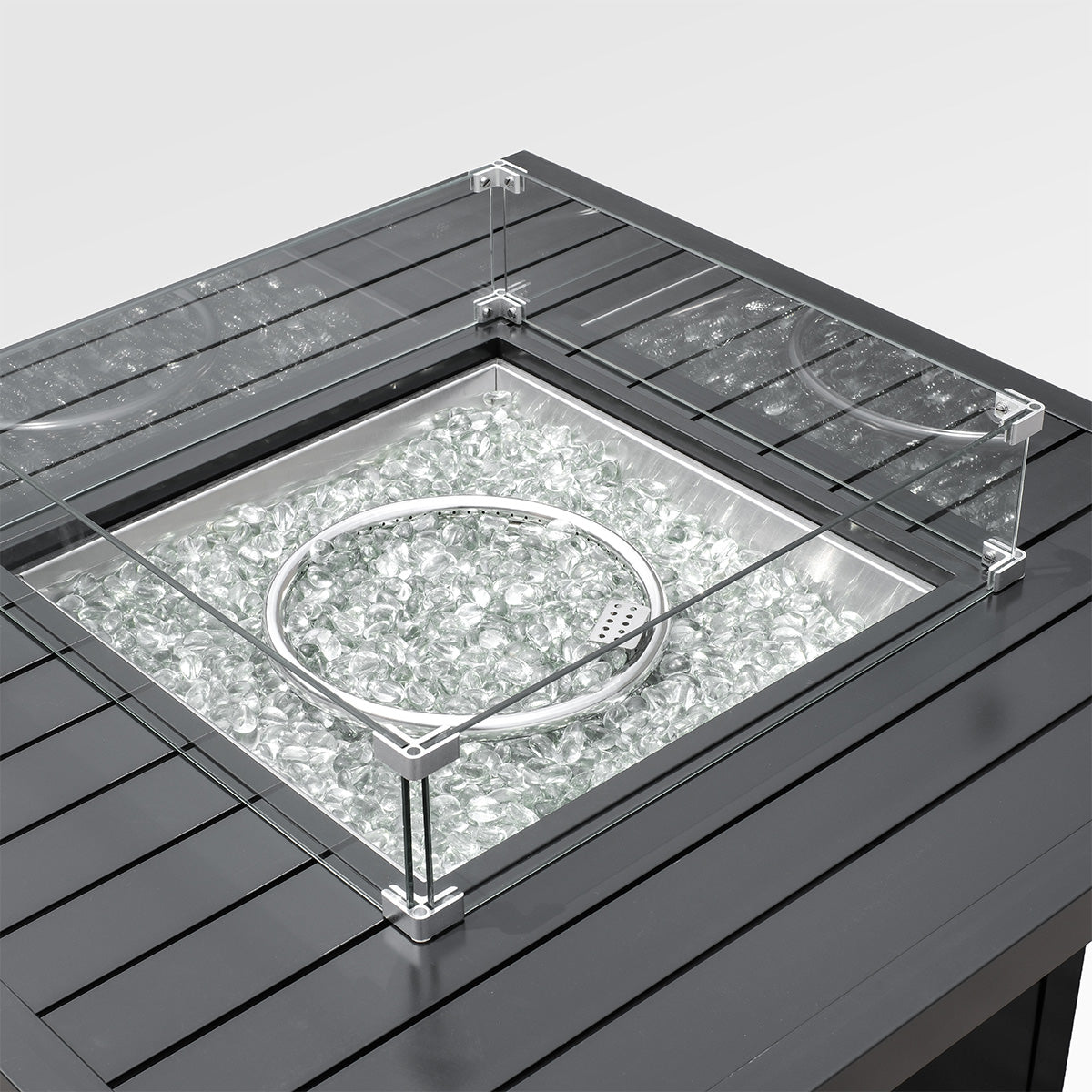 Outdoor Black Aluminum Square Fire Pit Table with Wind Guard & Cover