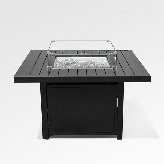 Outdoor Black Aluminum Square Fire Pit Table with Wind Guard & Cover