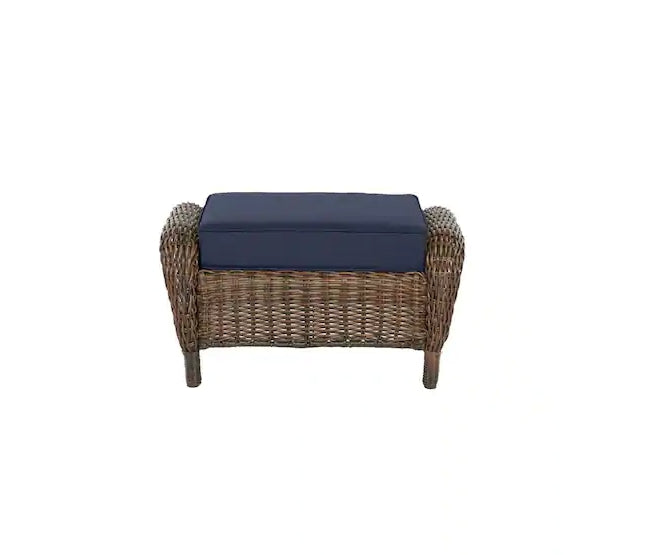 Cambridge Brown Wicker Outdoor Patio Ottoman with CushionGuard Midnight Navy Blue Cushions