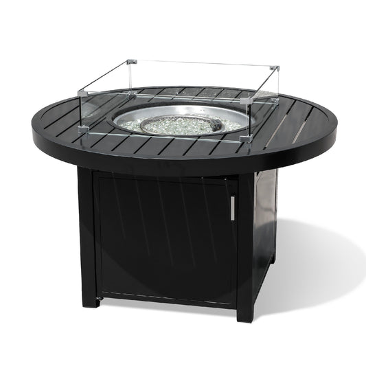 Outdoor Black Aluminum Round Fire Pit Table with Wind Guard and Cover
