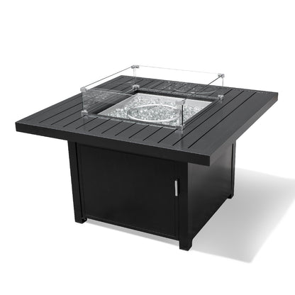 Outdoor Black Aluminum Square Fire Pit Table with Wind Guard & Cover
