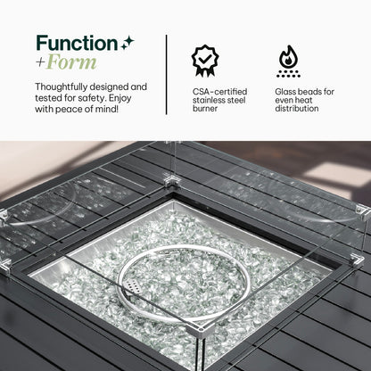 Outdoor Black Aluminum Square Fire Pit Table with Wind Guard & Cover