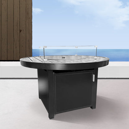 Outdoor Black Aluminum Round Fire Pit Table with Wind Guard and Cover